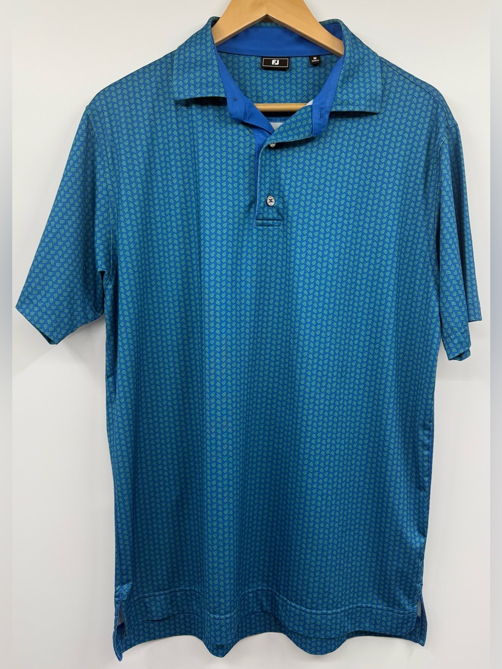 FootJoy Polo Shirt Mens Med FJ Lisle Turquoise Leaf Print Golf Performance Shirt
